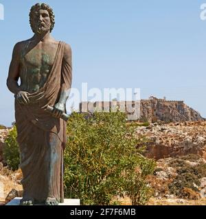 Cleobulus monument, statue of the Ancient Greek poet and Philosopher, in Lindos on Rhodes, Greece. Stock Photo