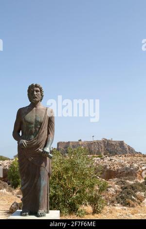 Cleobulus monument, statue of the Ancient Greek poet and Philosopher, in Lindos on Rhodes, Greece. Stock Photo