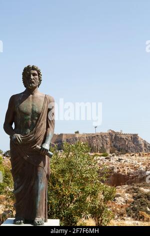 Cleobulus monument, statue of the Ancient Greek poet and Philosopher, in Lindos on Rhodes, Greece. Stock Photo