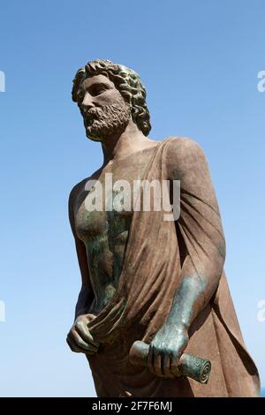 Cleobulus monument, statue of the Ancient Greek poet and Philosopher, in Lindos on Rhodes, Greece. Stock Photo