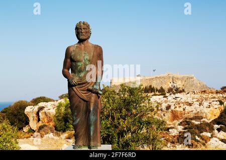 Statue of Cleobulus, an Ancient Greek poet and Philosopher, in Lindos on Rhodes, Greece. Cleobulus is regarded one of the Seven Sages of Ancient Greec Stock Photo