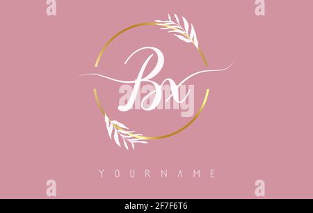 BX b x Letters logo design with golden circle and white leaves on branches around. Vector Illustration with B and x letters for personal branding, cor Stock Vector