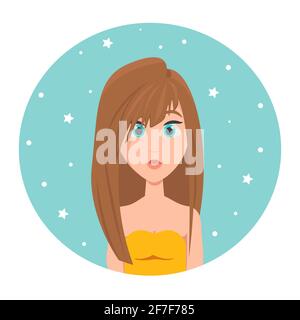 Avatar of a red-haired girl with long hair and big blue eyes, vector illustration in flat style Stock Vector