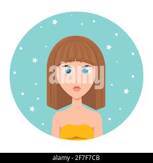 Avatar of a red-haired girl with long hair and big blue eyes, vector illustration in flat style Stock Vector