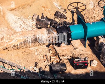 Large Underground Pipe fot water supply. Pipeline connection of desert town. Building site Stock Photo