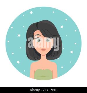 Young woman avatar with short hair square haircut and big green eyes, vector illustration in flat style Stock Vector