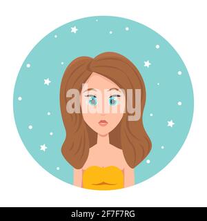 Avatar of a red-haired girl with long hair and big blue eyes, vector illustration in flat style. Stock Vector