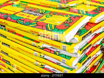 Bags of Levington Gro-Bag  tomato planters grow bags stacked up, UK Stock Photo