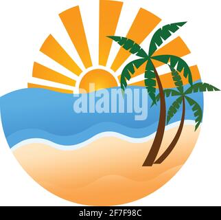 Beach logo icon with rising sun and palm tree isolated on white background Stock Vector