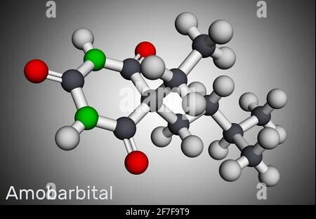 Amobarbital, amylobarbitone, sodium amytal drug molecule. It is barbiturate derivative with hypnotic and sedative properties. Molecular model. 3D rend Stock Photo