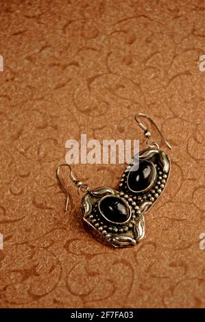 silver earrings with black stone, Indian silver earrings Stock Photo