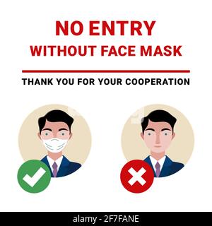 Do not enter without a face mask. Notice sign for COVID-19. Mandatory surgical mask sign vector. Stock Vector