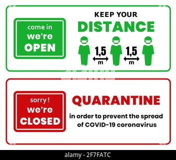 Come in we are open and sorry we are closed board shop.Wear face mask and Keep social distance. Information warning sign. Limitation and caution COVID Stock Vector