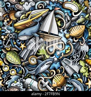 Cartoon doodles Diving seamless pattern. Backdrop with snorkeling symbols and items. Colorful detailed background for print on fabric, textile, phone Stock Vector