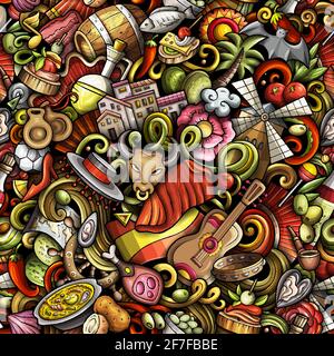 Cartoon doodles Spain seamless pattern. Backdrop with Spanish culture symbols and items. Colorful detailed, with lots of objects background for print Stock Vector