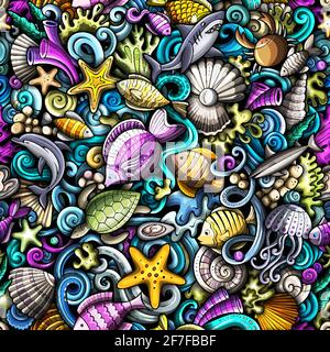 Cartoon doodles Sea Life seamless pattern. Backdrop with underwater symbols and items. Colorful detailed background for print on fabric, textile, phon Stock Vector