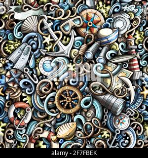 Cartoon doodles Nautical seamless pattern. Backdrop with maritime symbols and items. Colorful detailed background for print on fabric, textile, phone Stock Vector