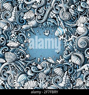 Cartoon hand-drawn doodles on the subject of Underwater life frame border. Monochrome detailed, with lots of objects vector background Stock Vector