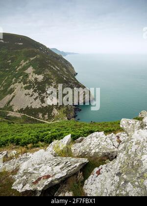 Looking west over Heddon’s Mouth along the Exmoor National Park coastline from Highveer Point, North Devon, England. Stock Photo