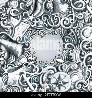 Cartoon cute doodles hand drawn nautical frame design. Monochrome detailed, with lots of objects background. Funny vector illustration. Graphics borde Stock Vector