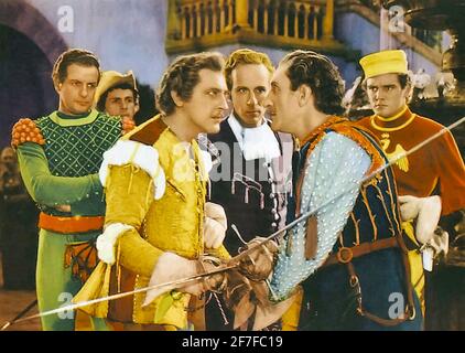 ROMEO AND JULIET 1936  MGM film with at centre from left John Barrymore (Mercutio) , Leslie Howard (Romeo) , Basil Rathbone (Tybalt) Stock Photo