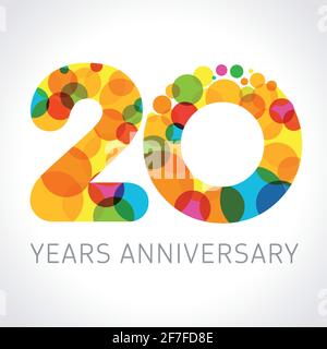 20th anniversary numbers. 20 years old logotype concept. Bright congrats. Isolated abstract graphic design template. Creative 2, 0 sign. Colorful digi Stock Vector