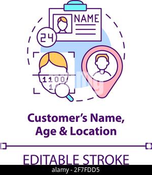 Customer age, name and location concept icon Stock Vector