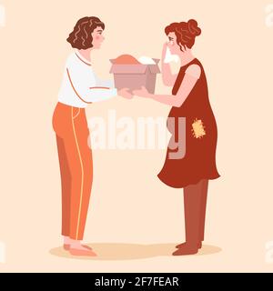 Volunteer girl give box with donation to poor wearing pregnant woman - isolated vector illustration in warm palette, hand drawn style Stock Vector