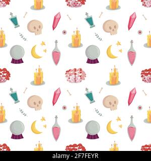 Witch seamless pattern with esoteric tools for fabric Stock Vector