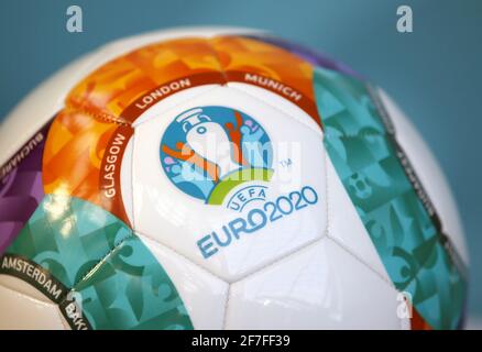 File photo dated 25-10-2016 of UEFA Euro 2020 Logo displayed outside the Glasgow Science Centre ahead of the event for the launch of the UEFA Euro 2020 Logo in Glasgow. Issue date: Wednesday April 7, 2021. Stock Photo