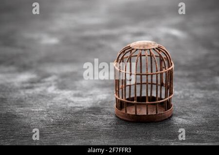 Retro rusty cage on dark wooden background Stock Photo