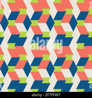 3D isometric cube vector seamless pattern background. Overlapping vertical folding cubes geometric. backdrop. Abstract chevron effect blue, green, red Stock Vector