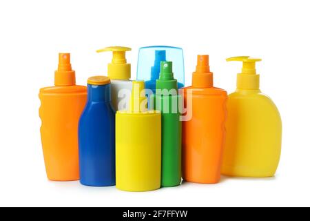 Bottles of sunscreen isolated on white background Stock Photo