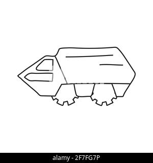 Hand drawn doodle military equipment car for coloring children book. Simple line, 2 - 4 age group. Big mashines, lorry, havy vehicle transport. Vector Stock Vector