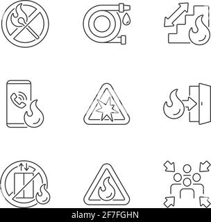 Fire safety guidelines linear icons set Stock Vector