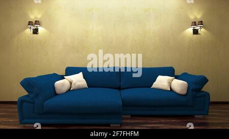Yellow green vintage wall with blue sofa couch, in modern retro interior background, living room, 3D render, 3D illustration. Minimalistic idea. Stock Photo