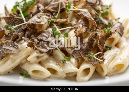 Penne creamy pasta with fresh truffles macro Stock Photo