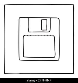 Doodle diskette save icon or logo, hand drawn with thin black line. Stock Vector
