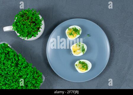 Microgreens on eggs. Diet food. Boiled and fresh eggs on a background of fresh crispy microgreens. View from above. Stock Photo