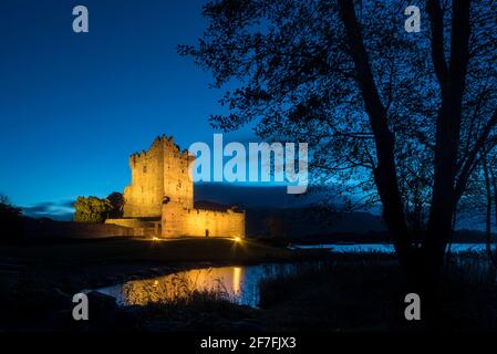 Ross Castle at dusk, Killarney, County Kerry, Munster, Republic of Ireland, Europe Stock Photo