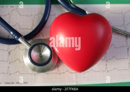 Cardiogram Stethoscope Heart on green background. Close up Stock Photo