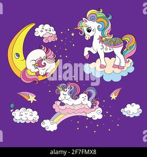 Cute mom and baby unicorns dreaming in night cloudy sky. Vector colorful illustration. For party, print, baby shower, stickers, card, posters, design, Stock Vector