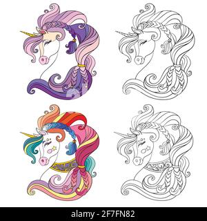 Set of two ornate unicorns heads. Monochrome with colorful template. Vector illustration. For coloring, postcard, posters, design, cards, stickers,roo Stock Vector