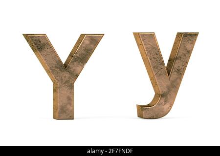 Brass 3D alphabet - three dimensional uppercase and lowercase letter covered with old brass texture on white background - 3d render Stock Photo