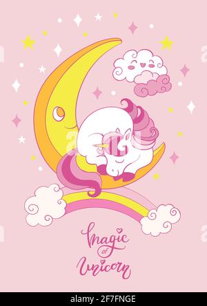 Cute cartoon baby unicorn sleeping on the moon. Vector vertical illustration on pink background. For party, print, baby shower, wallpaper, design, dec Stock Vector