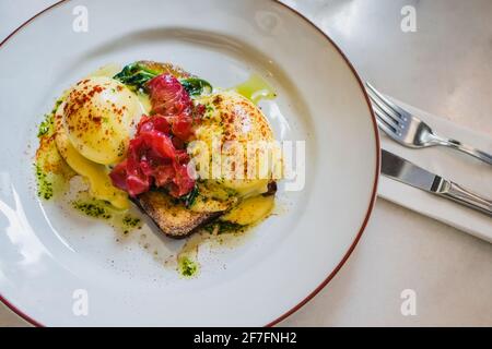 Close up fresh egg Benedict with smoked salmon Stock Photo