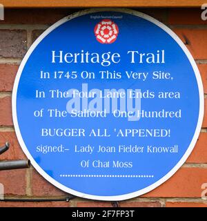 Heritage Trail In 1745 On This Very Site, In The Four Lane Ends area of The Salford One Hundred Bugger all 'appened!  signed - Lady Joan Fielder Stock Photo