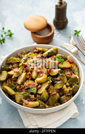 Roasted brussel sprouts with bacon, side dish Stock Photo