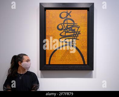 October Gallery, London, UK. 7th April 2021. ’Tears That Taste of the Sea’ is an exhibition of new works in various media by Rachid Koraïchi (b.1947, Algerian) produced in the past year of the pandemic crisis and all linked by the artists signature style of hand-drawn characters and calligraphy. The exhibition runs from 13 April-12 June 2021. Image: Pour Rastom, 2017. Acrylic on canvas, 97 x 75.5 x 7.5 cm. Credit: Malcolm Park/Alamy Live News. Stock Photo