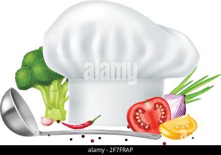 Chef hat with ladle and vegetables. Photo-realistic vector illustration. Stock Vector